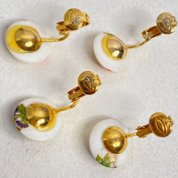 Floral Ceramic Earrings Pink Purple Painted Flowers On Stem Button Clip On Lot - Picture 7 of 8